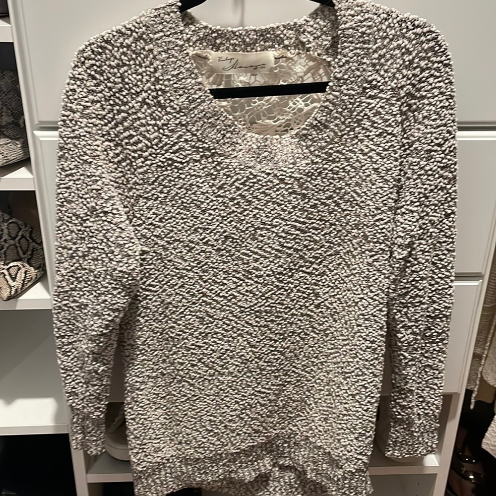 Grey/White lace back sweater size L. Back is see thru
